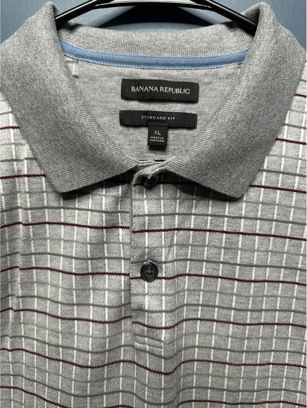 Banana Republic Men Standard Fit Plaid Short Sleeve Polo Shirt Gray Size XL